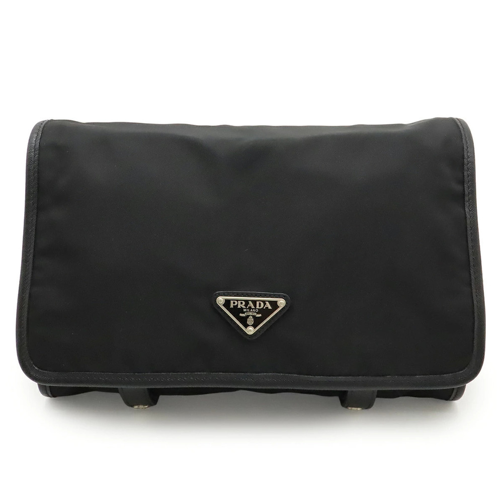 Prada Triangle Clutch Bag Travel Pouch Clutch Tri fold Leather NERO Black